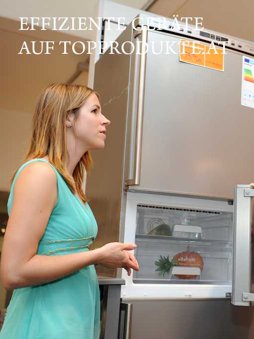 Frau im Geschäft beim Kauf eines effizienten Kühlschranks