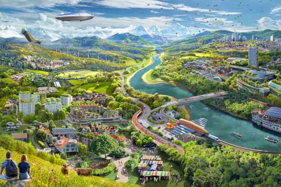 Bild einer positiven Zukunftsvision der Schweiz, mit schönen Landschaften, vielen Tieren, modernen Gebäuden und Windrädern