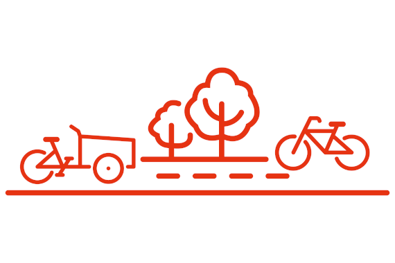 Zeichnung Radinfrastruktur (Lastenrad, Fahrradstraße, Bäume, Fahrrad)