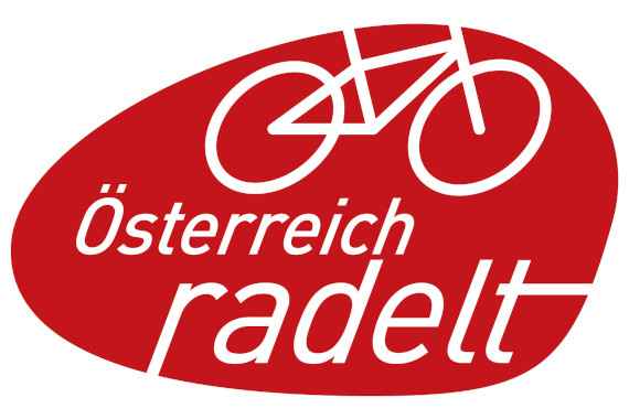 Österreich radelt - Logo - weißer Schriftzug auf rotem Hintergrund