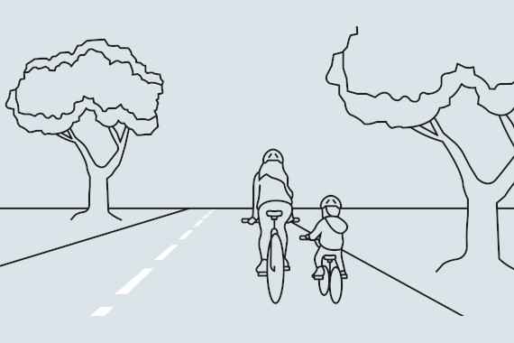 Grafik: Erwachsene und Kind fahren nebeneinander auf der Straße