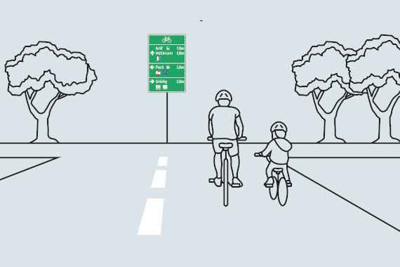 Grafik: ERwachsener fährt mit einem Kind auf der Straße. Zwei Verkehrsschilder in Grüß zeigen den Weg