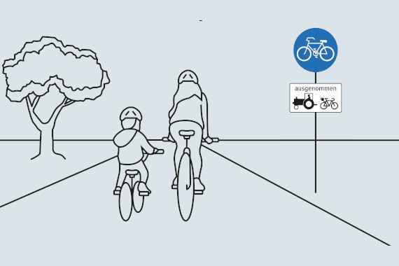 Grafik: Erwachsener und Kind fahren am Rad auf einer Straße, daneben ein Verkehrszeichen mit Radweg und ausgenommen Traktor und (E-)Fahrräder