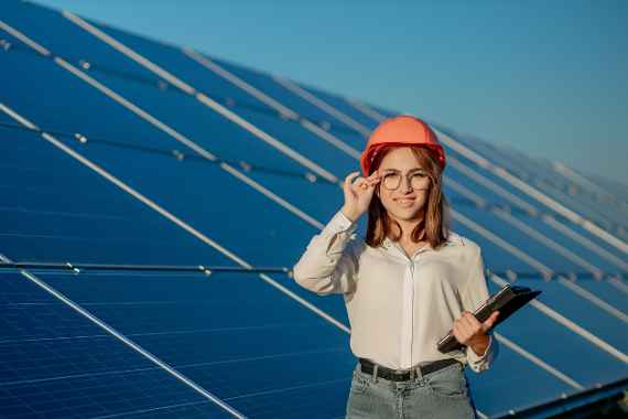 Inspector Engineer Woman Holding Digital Tablet Working in Solar Panels Power Farm, Photovoltaic Cell Park, Green Energy Concept