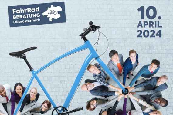 Das Bild ist ein Ausschnitt des Titelbildes vom Programm des Radverkehrsvernetzungstreffen 2024 in Oberösterreich. Es zeigt ein Fahrrad eine Menschengruppen und das Datum des Treffens am 10. April 2024.