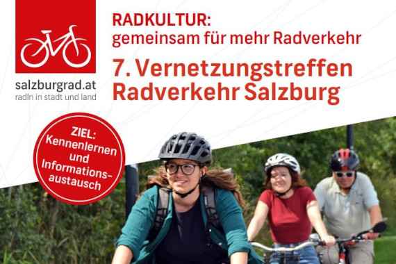 Das Bild ist ein Ausschnitt des Titelbilds aus dem Programmheft. Es sind 3 Radfahrende zu sehen und der Schriftzug "7. Vernetzungstreffen Radverkehr Salzburg".