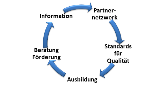 Grafik zeigt die Hebel der Klimaschutzinitiative: Standards für Qualität, Ausbildung, Beratung/Förderung, Information, Partnernetzwerk