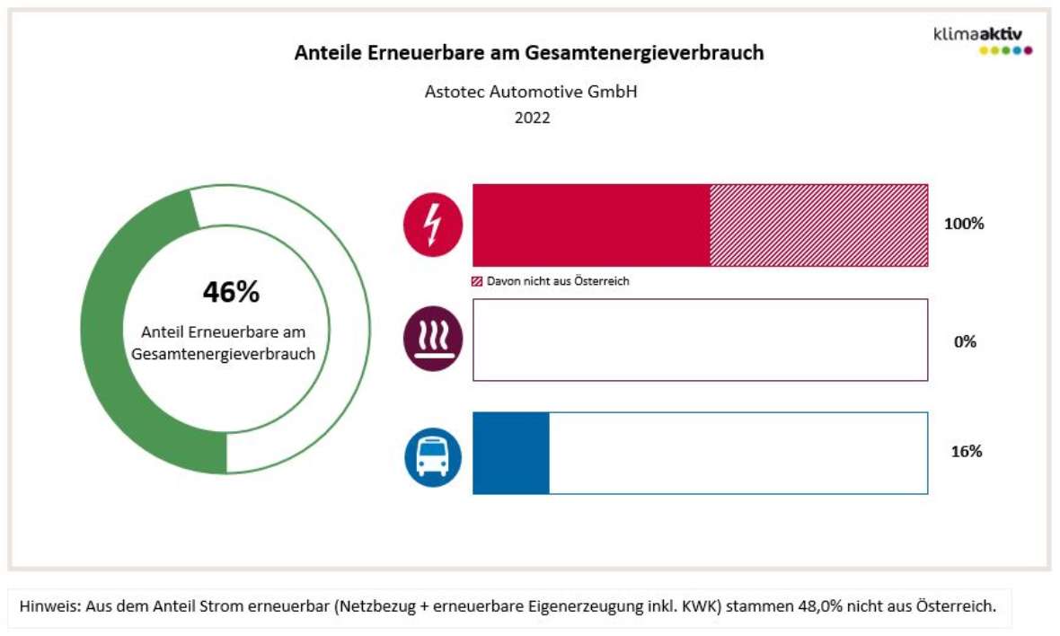 Anteil Erneuerbare am Gesamtenergieverbrauch (46 %) und die Anteile in den Bereichen Strom 100 % (davon 48 % nicht aus Österreich), Wärme 0 %  und Transport 16 %.  