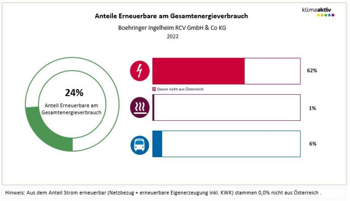 Anteil Erneuerbare am Gesamtenergieverbrauch 24 % und Aufteilung in die Bereiche Strom 62 % , Wärme  1 % und Transport 6 % (Stand 2022, Boehringer Ingelheim)