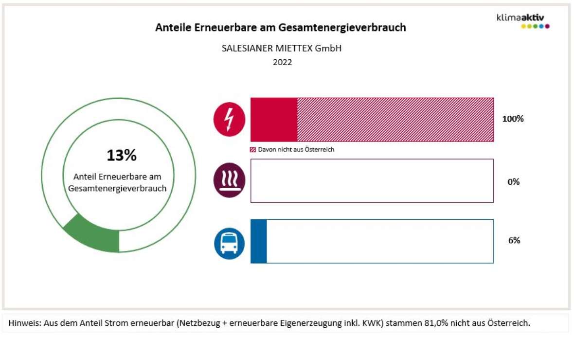 Anteil Erneuerbare am Gesamtenergieverbrauch 13 % und die Anteile in den Bereichen Strom 100 % (davon 81 % nicht aus Österreich), Wärme 0 % und Transport 6 %.