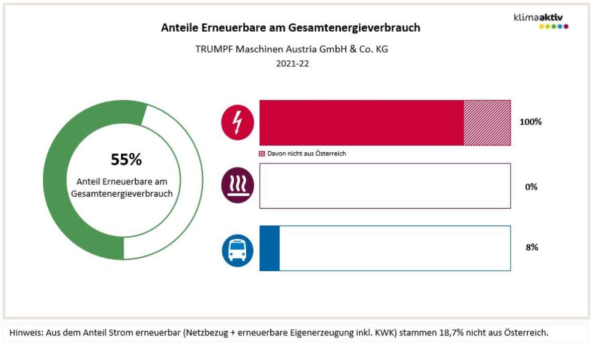 Anteil Erneuerbare am Gesamtenergieverbrauch 55 % und die Anteile in den Bereichen Strom 100 % (davon 18,7 % nicht aus Österreich), Wärme 0 % und Transport 8 %. 