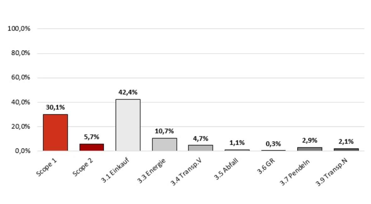 CO2e je Scope in Prozent exklusive Scope 3 Kategorie Nutzung (3.11), INNIO Jenbacher GmbH & Co KG - 31,1% Scope 1, 5,7% Scope 2, Scop3: 42,2% 1.3 Einkauf, 10,7% 3.3 Energie, 4,7% 3.4 Transport vorgelagert, 1,1% 3.5 Abfall, 0,3% 3.6 Geschäftsreisen, 2,9% Pendeln,  2,1% 3.9 Transport nachgelagert