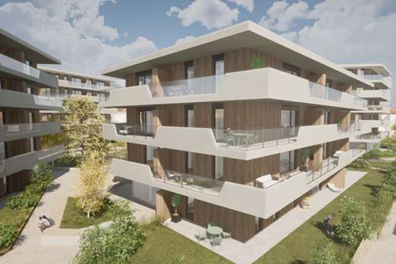 Rendering des Projekts „Wohnen am Fürberg“ Ansicht eines dreigeschoßigen Gebäudes mit großen Balkonen