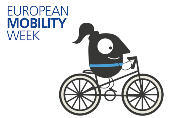 Europäische Mobilitätswochen Logo und ein Maskotchen fährt Fahrrad.