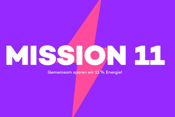 Logo mit lila Hintergrund und pinkem Blitz davor steht in weiß Mission 11