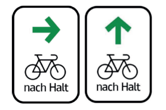 neue Verkehrszeichen: schwarzes Fahrrad auf weißem Hintergrund mit grünem Pfeil nach rechts bzw oben. Text: nach Halt
