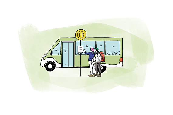 Illustration mit zwei Menschen, die sich an der Bushaltestelle zum Fahrplan informieren, nachdem sie aus dem Bus im Hintergrund ausgestiegen sind.