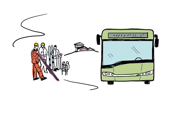 Die Illustration zeigt Wintertouristinnen und -touristen, die mit ihren Schi auf den Bustransfer zur Piste warten.