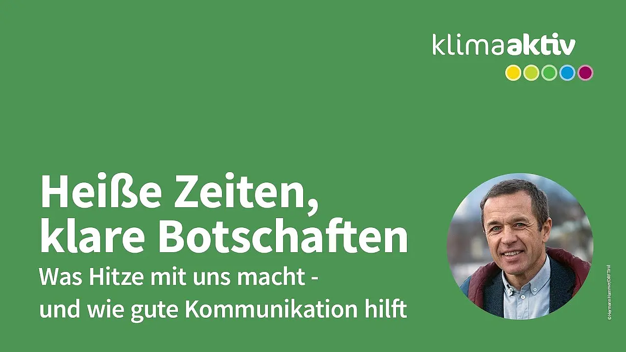 Folie mit dem Titel des Webinars "Heiße Zeiten, klare Botschaften - Was Hitze mit uns macht und wie gute Kommunikation hilft" samt kleinem Porträtfoto von Umweltmediziner Heinz Fuchsig.