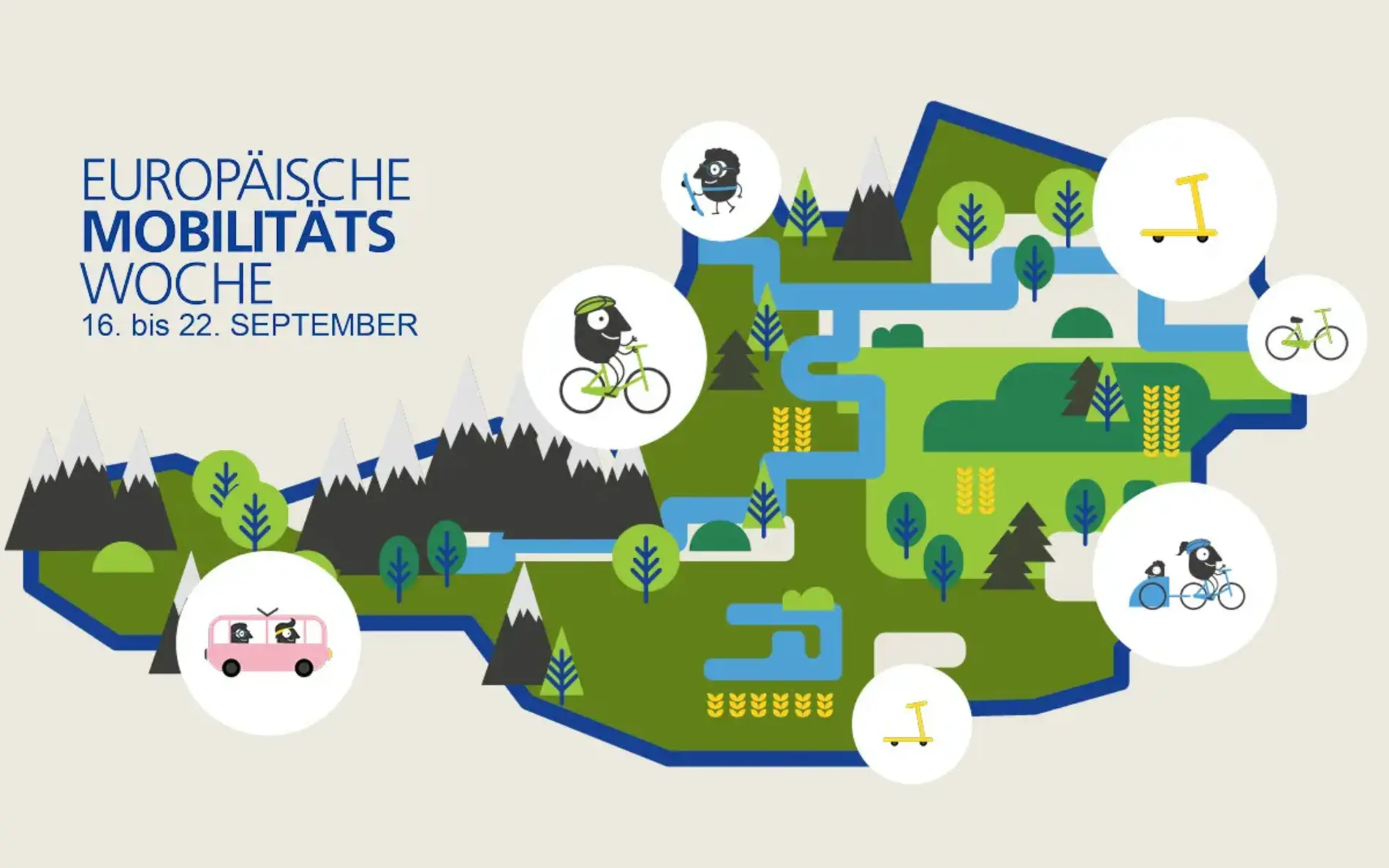 Illustrierte Österreichkarte. Darauf sind verschiedene Fortbewegungsmittel eingezeichnet.