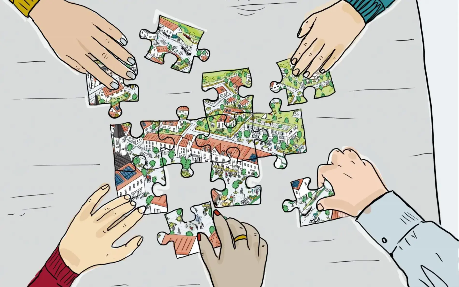 Illustration: Ein Puzzlebild einer Gemeinde wird zusammengesteckt von 5 verschiedenen Händen