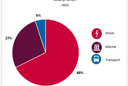 Abbildung 1: Aufteilung Gesamtenergieverbrauch in die Bereiche Strom, Wärme und Transport 2023