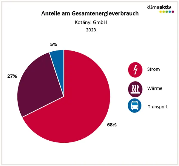 Abbildung 1: Aufteilung Gesamtenergieverbrauch in die Bereiche Strom, Wärme und Transport 2023