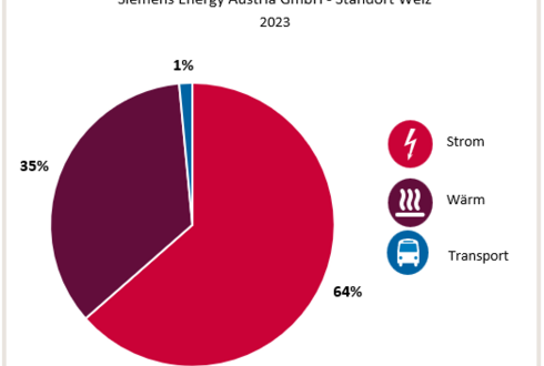 Abbildung 1: Aufteilung Gesamtenergieverbrauch in die Bereiche Strom, Wärme und Transport 2023