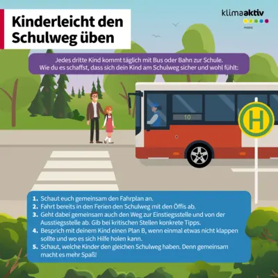 Die Infografik mit dem Titel „Kinderleicht den Schulweg üben“ zeigt Tipps, wie Kinder sicher und selbstbewusst mit dem Bus zur Schule gelangen. Sie erklärt, dass jedes dritte Kind täglich mit Bus oder Bahn zur Schule fährt und gibt fünf Empfehlungen: gemeinsam den Fahrplan ansehen, den Schulweg bereits in den Ferien mit öffentlichen Verkehrsmitteln üben, den Weg zur Einstiegs- und Ausstiegsstelle gemeinsam gehen und kritische Punkte besprechen, einen Plan B für Notfälle vereinbaren und darauf achten, dass Kinder gemeinsam unterwegs sind. Die Grafik veranschaulicht dies mit einer Szene an einer Bushaltestelle: Ein Kind und eine erwachsene Person stehen vor einem Zebrastreifen, daneben ein roter Bus mit einem gelben Haltestellenschild. Im Hintergrund sind Bäume und ein Wald zu sehen. Die Farbgestaltung ist freundlich und betont Sicherheit und Orientierung.