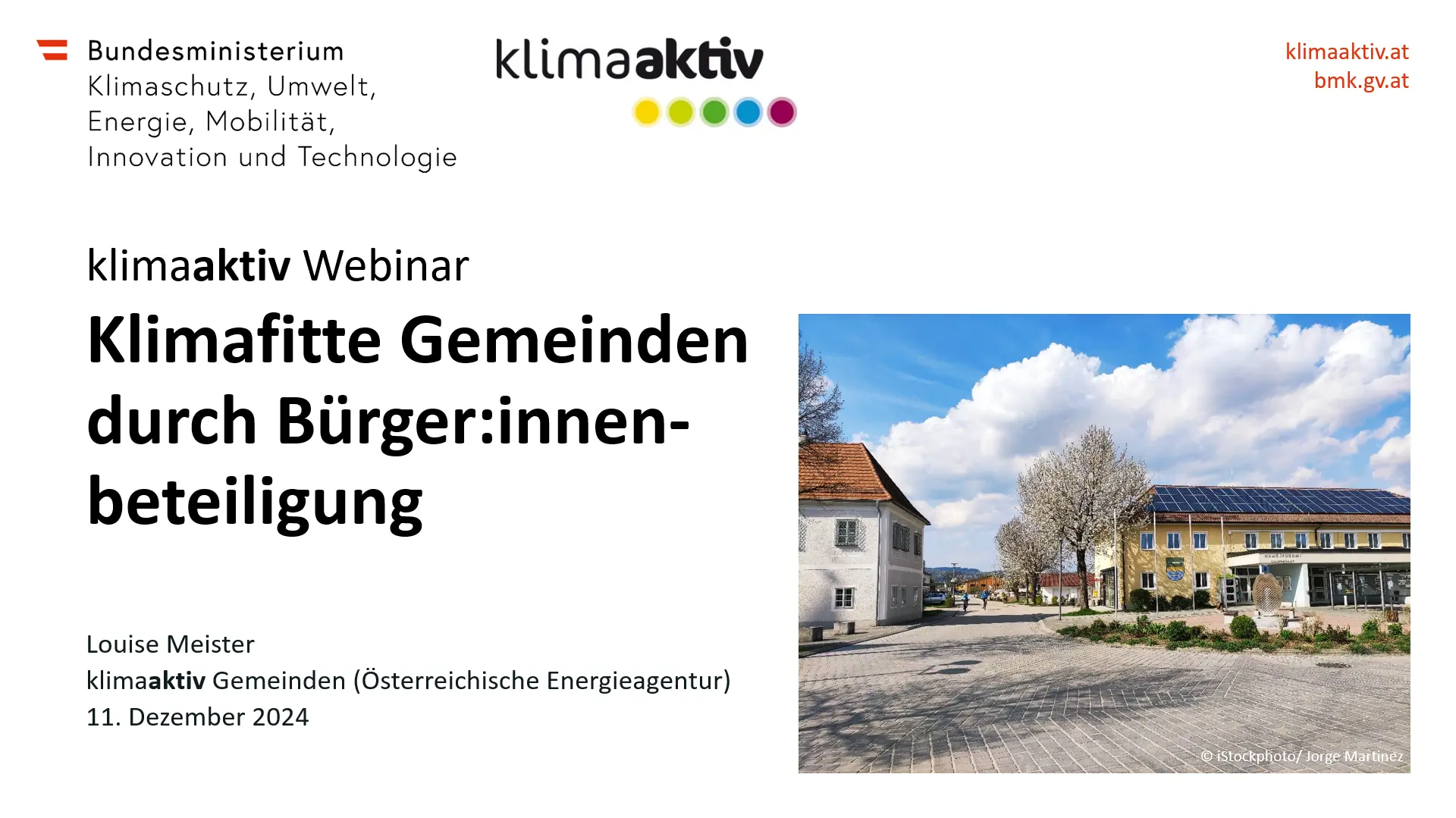 Startbild des Webinars mit dem Titel klimaaktiv Webinar Klimafitte Gemeinden durch Bürger:innenbeteiligung