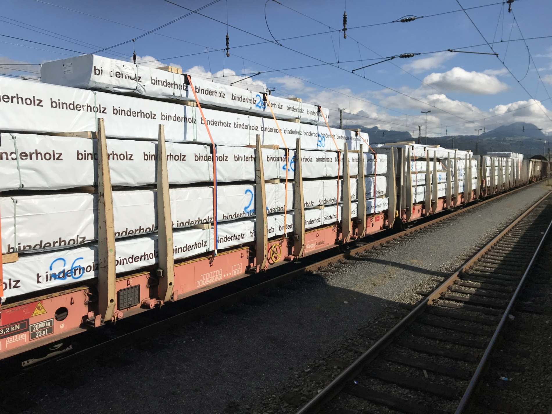 Schienentransport mit Ladung voll verpacktem Holz. Die Verpackung trägt die Aufschrift "binderholz"