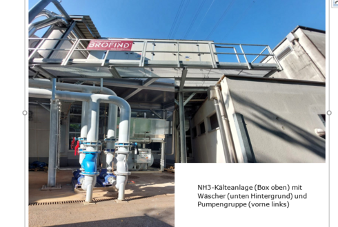 NH3-Kälteanlage mit Wäscher und Pumpengruppe, installiert im Außenbereich einer Industrieanlage.