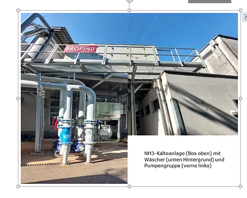 NH3-Kälteanlage mit Wäscher und Pumpengruppe, installiert im Außenbereich einer Industrieanlage.