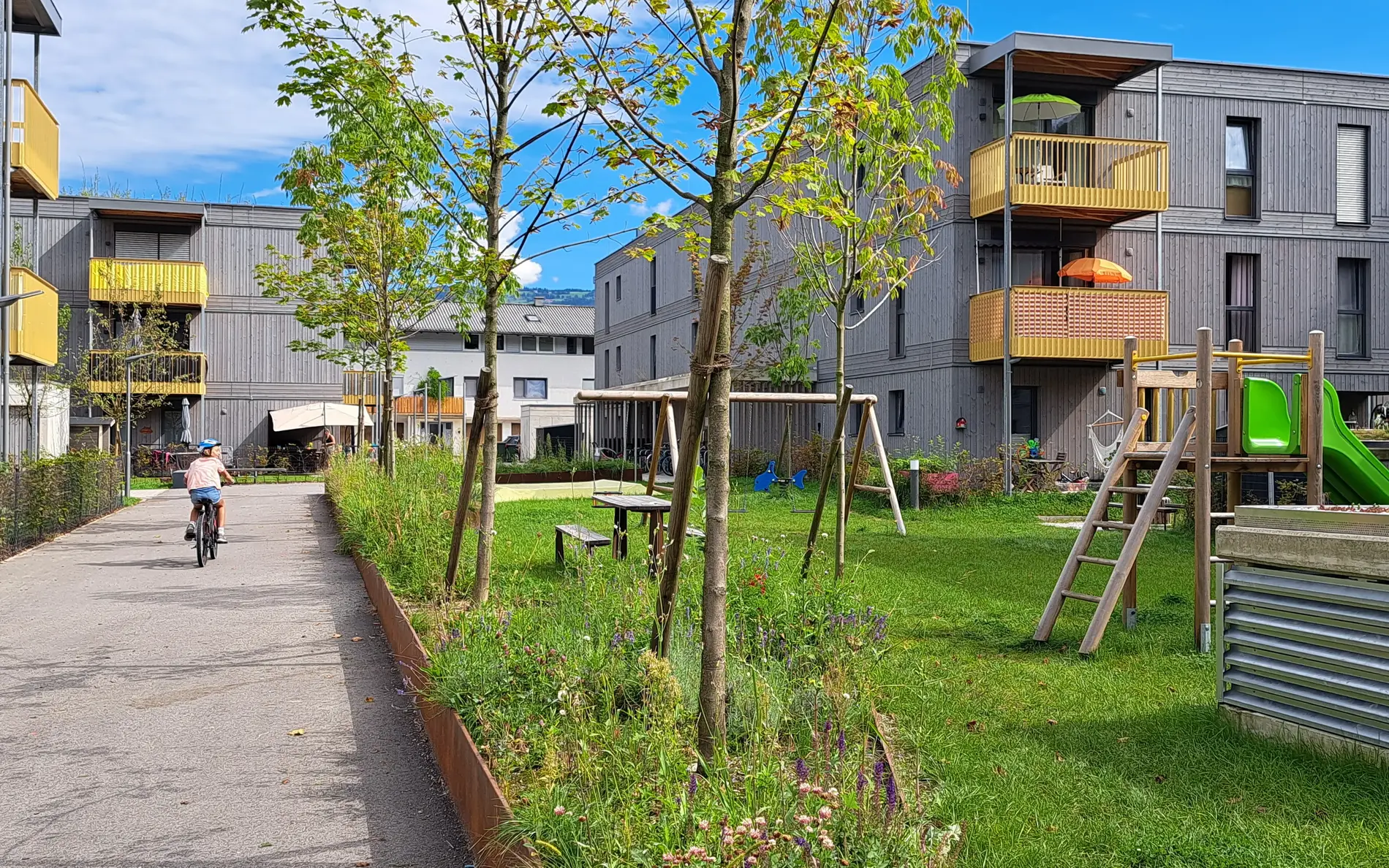 Eine Wohnanlage mit grauen Holzfassaden und gelben Balkonen, Grünfläche mit Spielplatz und Bäumen. Ein Kind fährt zwischen den Wohnhäusern auf dem Fahrrad.