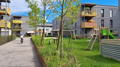 Eine Wohnanlage mit grauen Holzfassaden und gelben Balkonen, Grünfläche mit Spielplatz und Bäumen. Ein Kind fährt zwischen den Wohnhäusern auf dem Fahrrad.