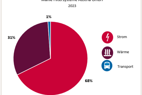 Abbildung 1: Aufteilung Gesamtenergieverbrauch in die Bereiche Strom, Wärme und Transport 2023