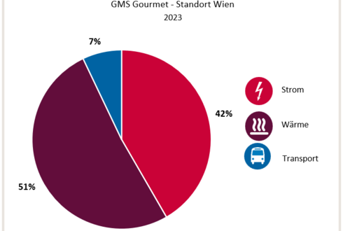 Aufteilung Gesamtenergieverbrauch in die Bereiche Strom, Wärme und Transport 2023, GMS Standort Wien