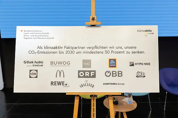 eine Tafel mit Firmenlogos auf einer Staffelei