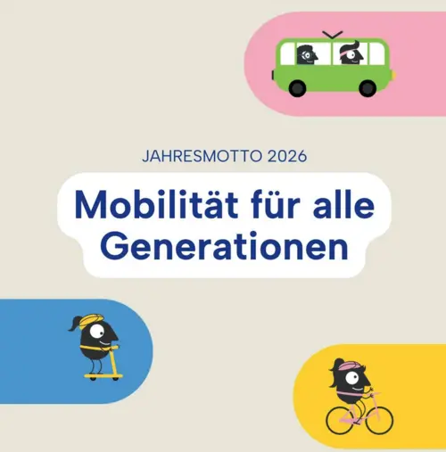 "Mobilität für alle Generationen", um die Schrift herum einfache Maskottchen in schwarz auf Roller, Rad, Bus