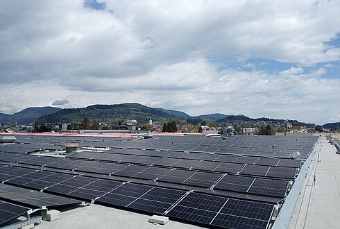 Dach des der Haslinger Stahlbau GmbH. Zu sehen sind einige PV-Paneele