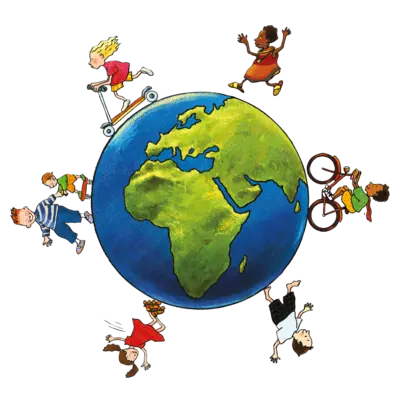 Klimameilen Logo mit den Kindern um die Weltkugel