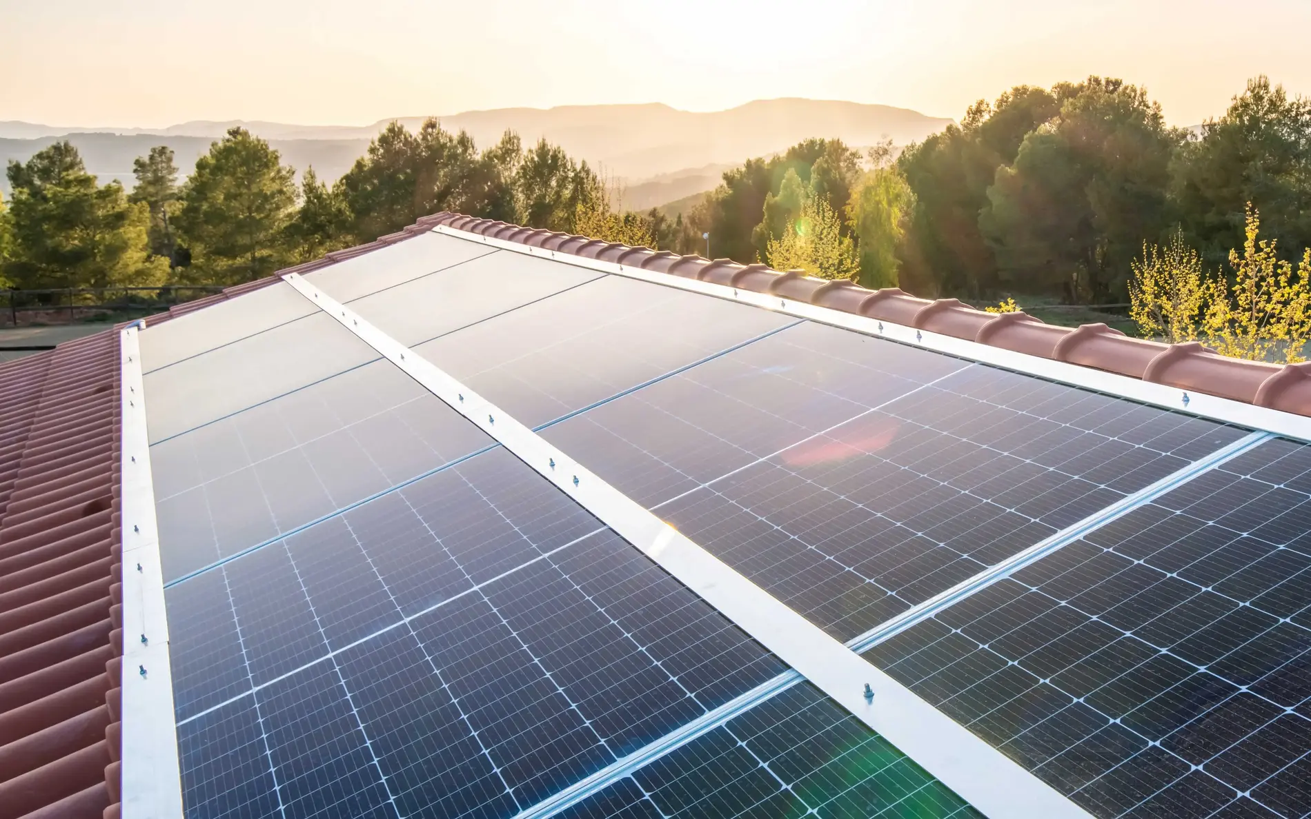 Eine längliche Photovoltaikanlage auf einem Dach. Im Hintergrund ein Hügel und Bäume und warmes Sonnenlicht