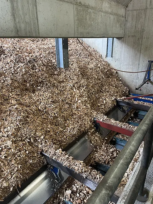 Ein großer Haufen Holzschnitzel befindet sich in einer Industrieanlage. Im Vordergrund ist ein Förderbandsystem mit Metall- und roten Komponenten zu sehen, das die Holzschnitzel innerhalb der Anlage transportiert. Die Umgebung besteht aus Betonwänden und Metallträgern, die das Gebäude stützen.
