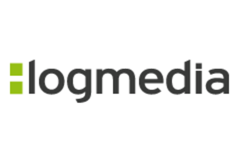 Logo der Logmedia GmbH. Schwarze Schrift auf weißem Grund. Zwei grüne Quadrate eröffnen den Schriftzug wie ein gesetzter Doppelpunkt.