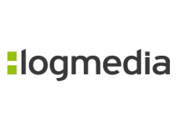 Logo der Logmedia GmbH. Schwarze Schrift auf weißem Grund. Zwei grüne Quadrate eröffnen den Schriftzug wie ein gesetzter Doppelpunkt.