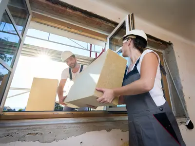 Zu sehen sind zwei Bauarbeiter die Dämmmaterial durch das Fenster reichen. 
