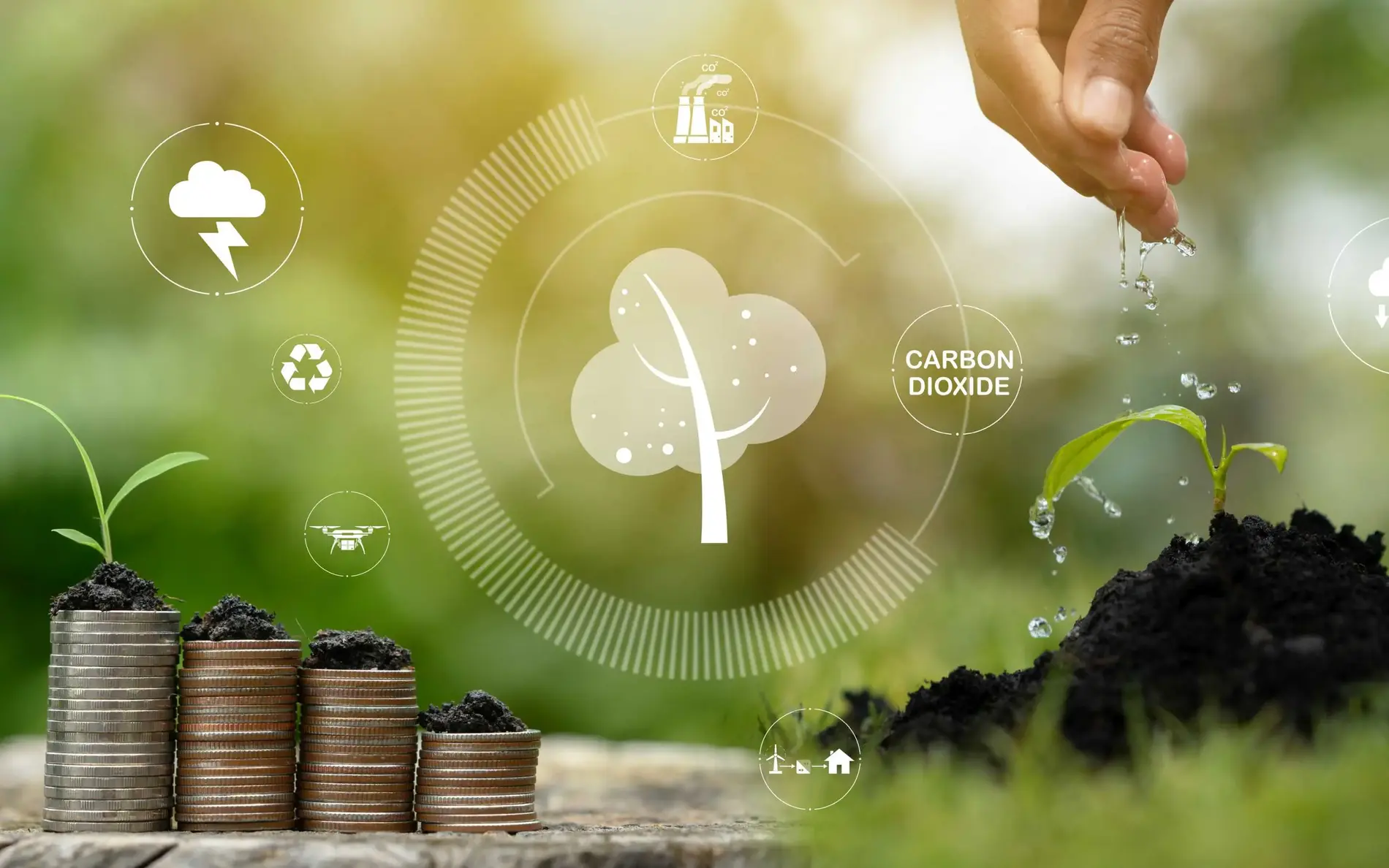 Münzstapel mit wachsenden Pflanzen symbolisieren grünes Investment und Umweltschutz.