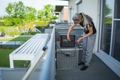 Eine Frau steht auf einem Balkon und schaut ihren Stromspeicher genauer an. Daneben ist ein Balkonkraftwerk.