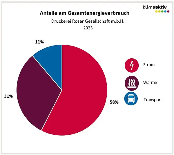 Abbildung 1: Aufteilung Gesamtenergieverbrauch in die Bereiche Strom, Wärme und Transport 2023