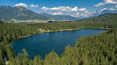 Blick auf den klaren Ödensee, umgeben von dichtem Wald. Im Hintergrund sind grüne Hügel und hohe Berge unter blauem Himmel mit einigen weißen Wolken zu sehen.